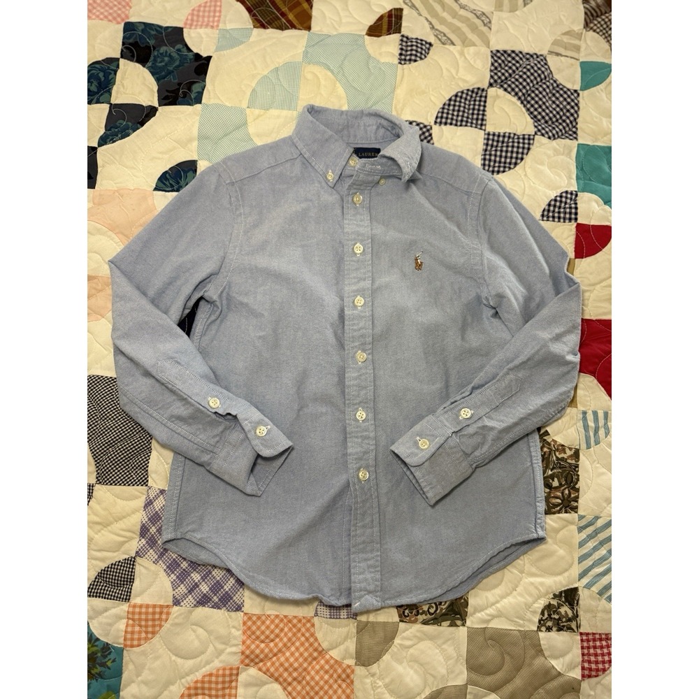 Kids Vintage Ralph Lauren Blue Button Down Shirt Boys Size Small (8) Brown Pony